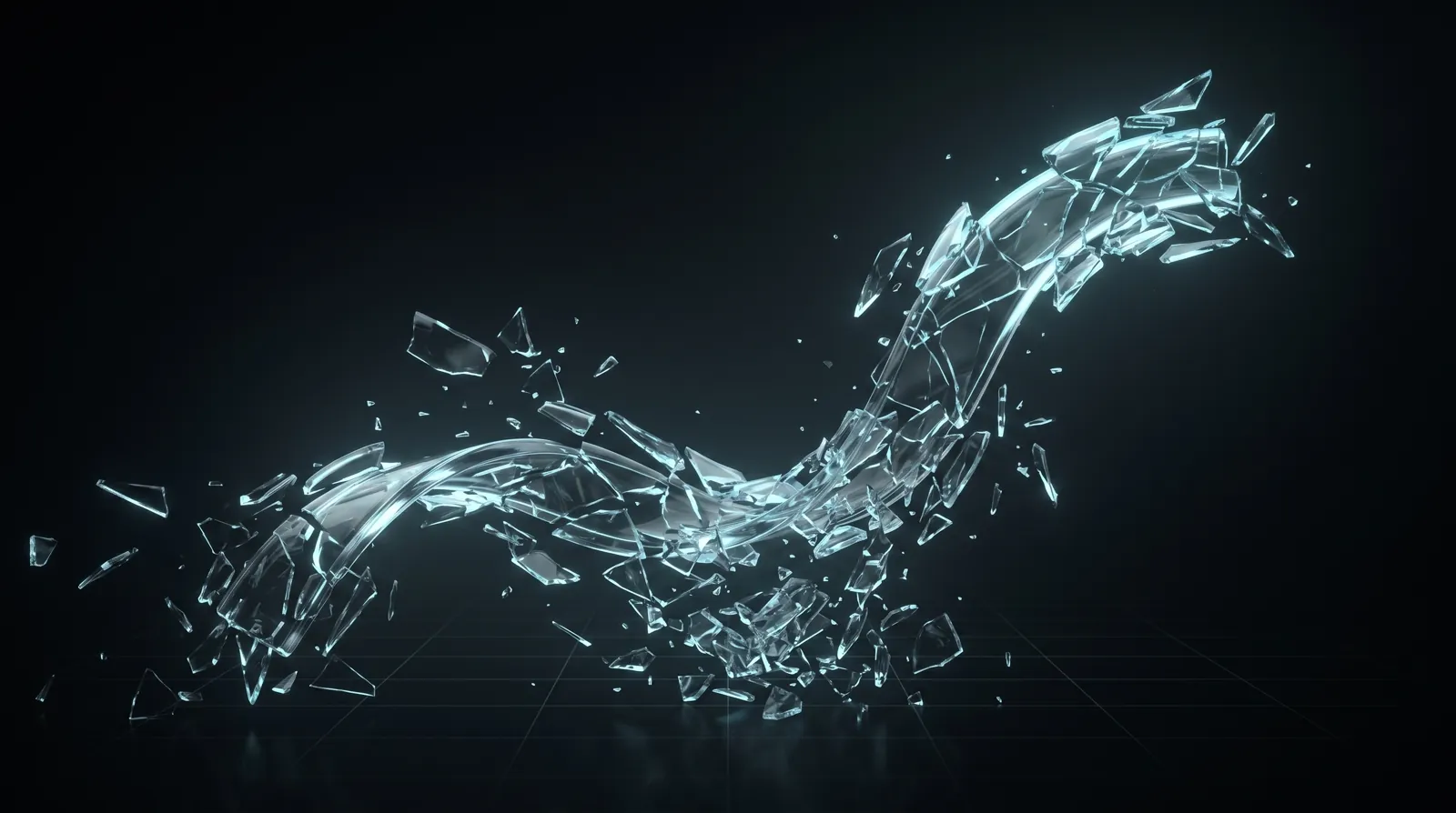 A smooth glass curve shattering into hundreds of suspended shards