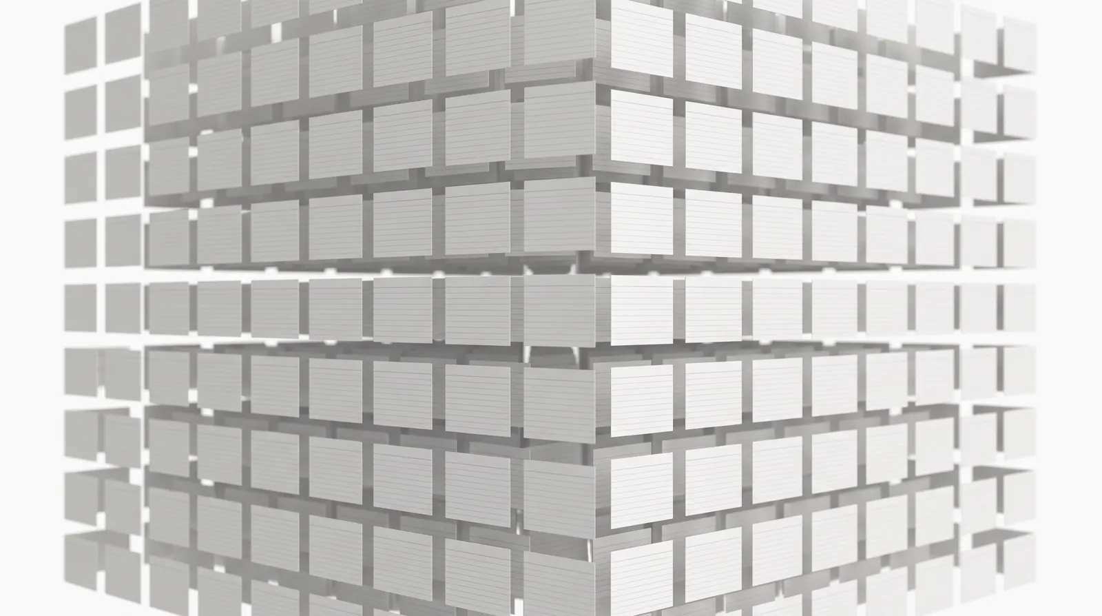 Scattered note cards slowing and settling into an ordered three-dimensional lattice